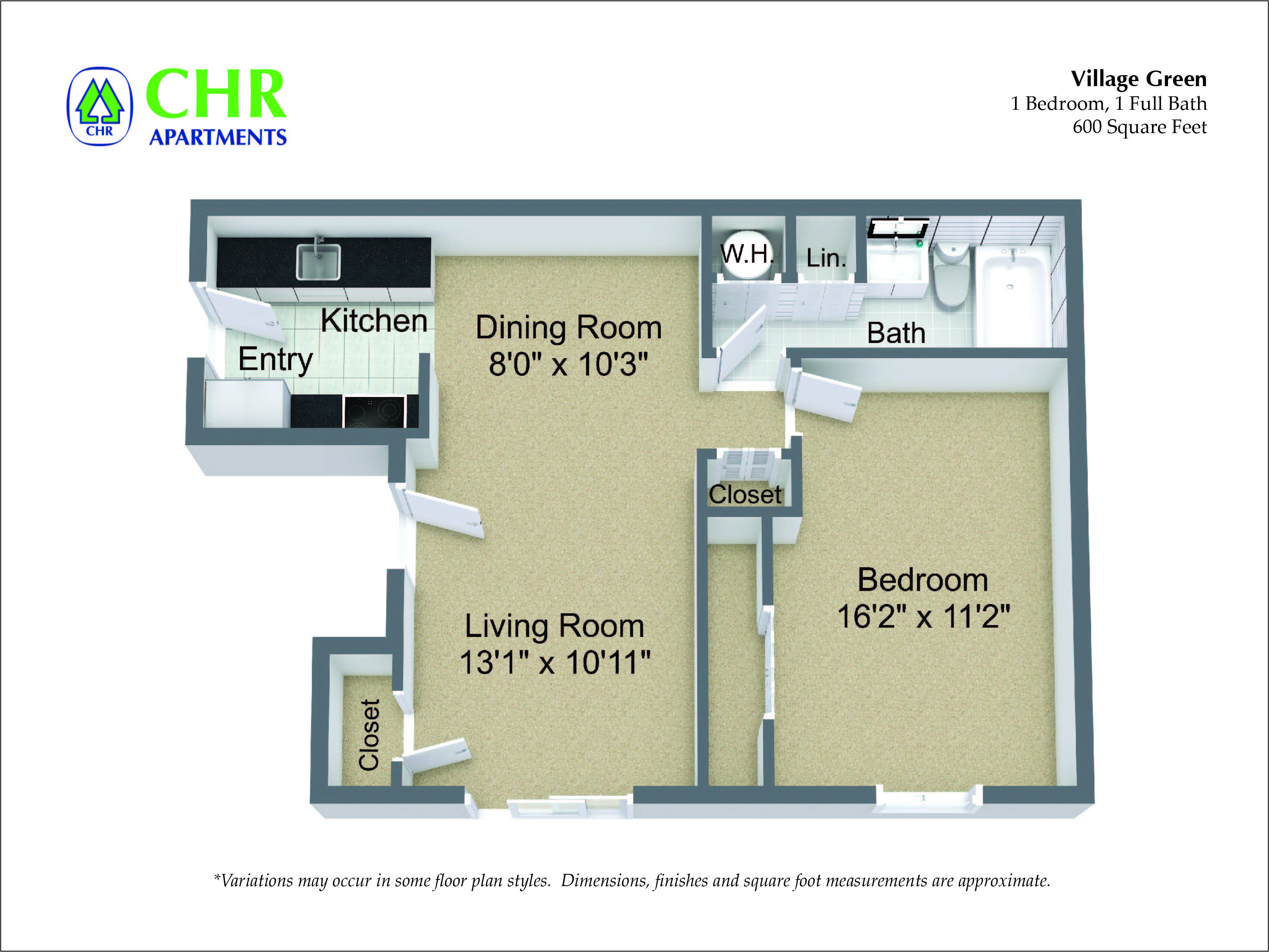 Floor plan for 1 bed, 1 bath, 600 sqft